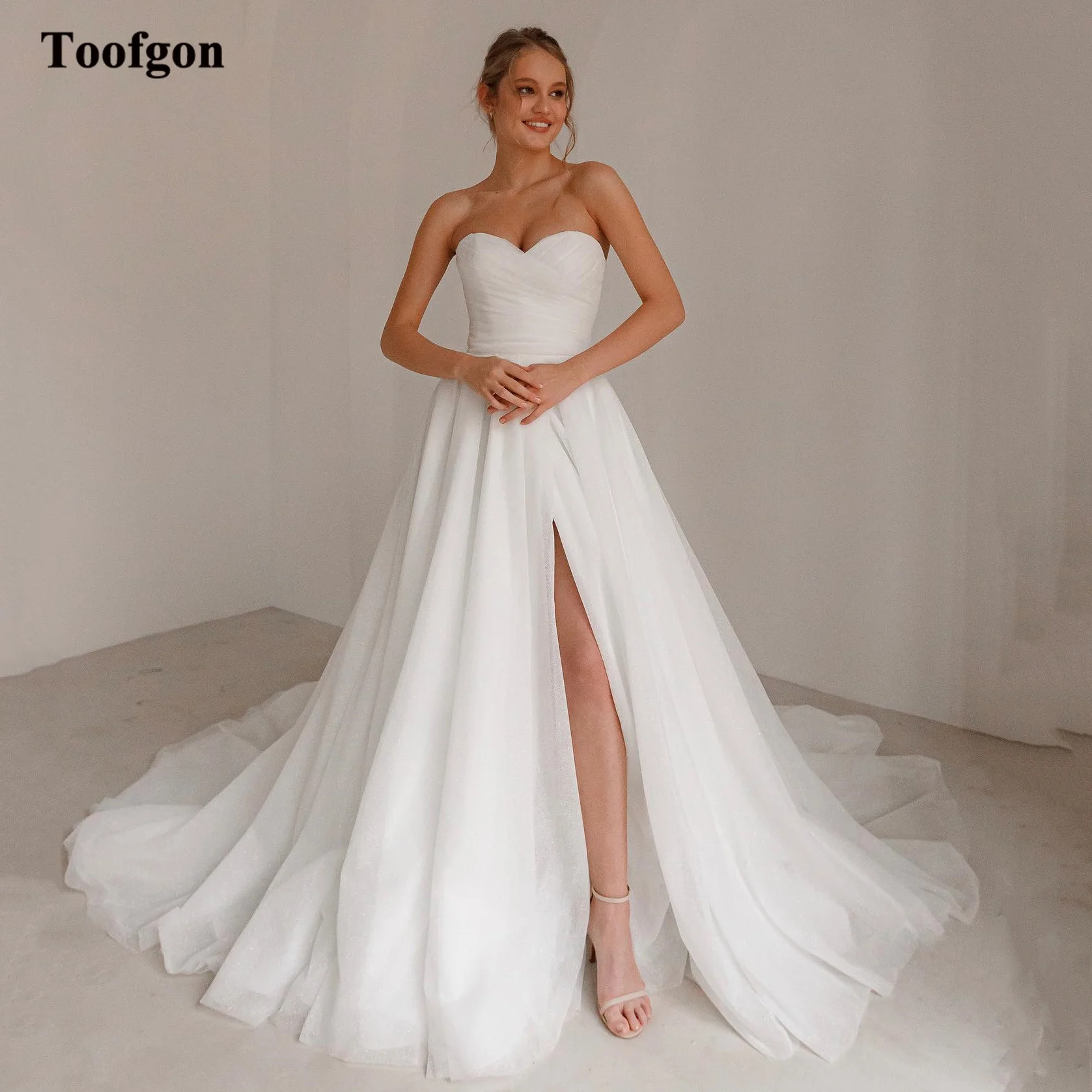 Toofgon Simple A Line Tulle Wedding Dresses Pleated Elegant Leg Slit Formal Bride Dress Sweep Train Women Party Bridal Gowns 1