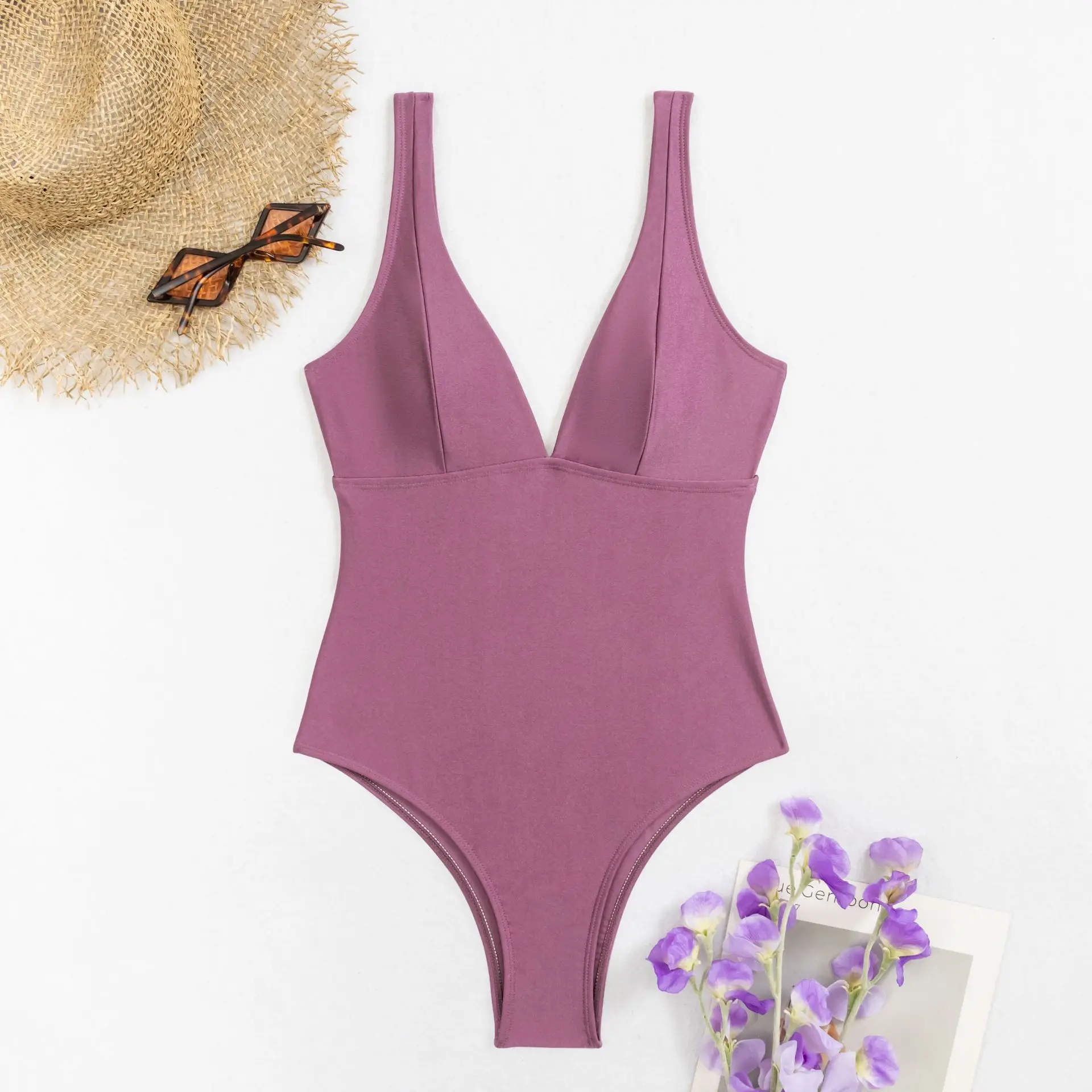 sexy solid deep v-neck swimsuit one piece bodysuits bikinis 2024 women thong female bathing suit swimwear biquini 1