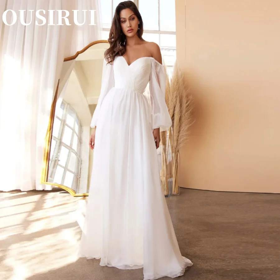 Tulle Wedding Party Robe Classic Women Off The Shoulder Prom Dress Long Sleeve Backless White Formal Dress Shining Evening Gown 1