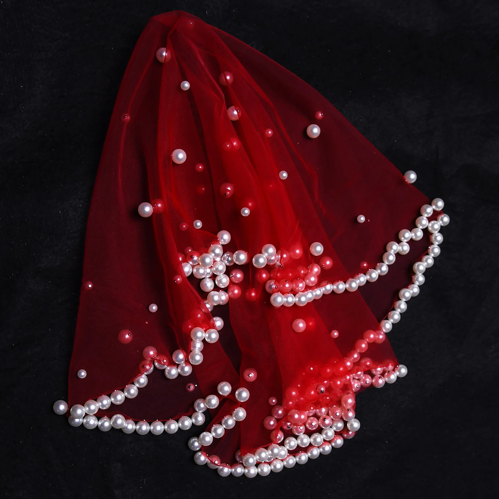 VA10 Henna Wedding Veil Red Bridal Veils Short Blusher Cover Face Bachelorette Party Accessories No Comb Pearl Beaded Veil 1