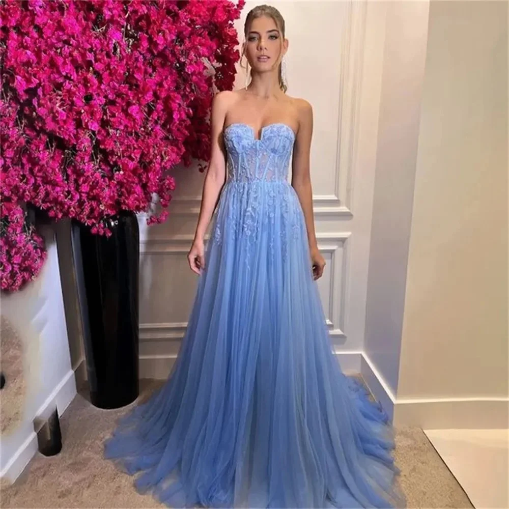 Tulle Blue Prom Dress Sweethear Strapless A-Line Floor-Length Women Wedding Evening Party Dress Zipper Back New Bridesmaid dress 1