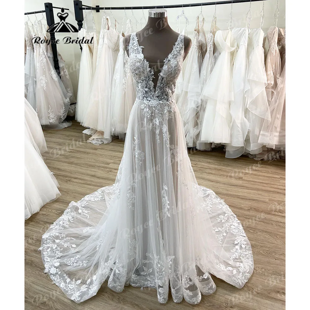 trouwjurk Romantic Deep V Neck Lace Floral Backless Wedding Dress for Women 2024 Wedding Party Gown for Bride vestido novia 1