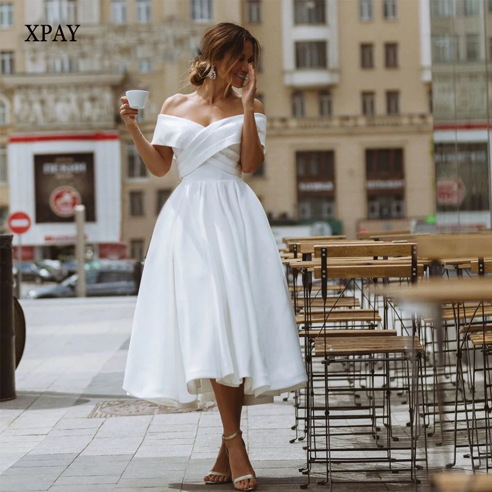 XPAY Tea Length Short Wedding Dresses Off the Shoulder Satin A-line Bridal Gown Simple Vintage Lace Up Women Party Bride Gown 1