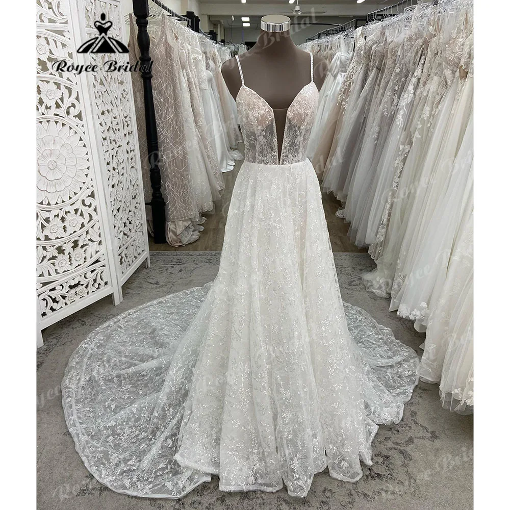 Deep V Neck Shiny Glitter Wedding Dress for Women 2024 Spaghetti Straps Bridal Wedding Party Gown vestidos de boda para fiestas 1