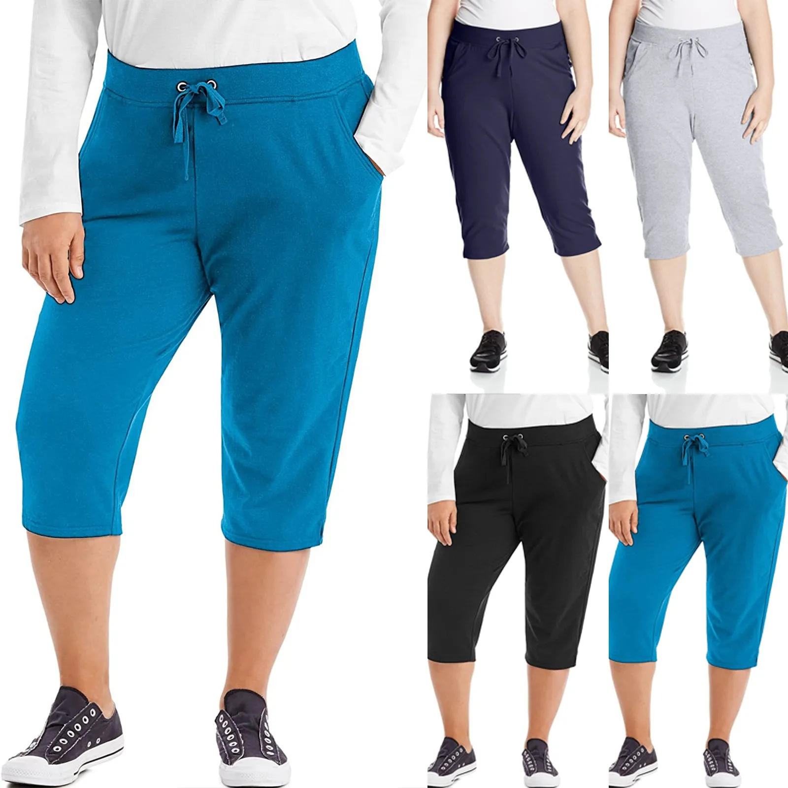 Women's Plus Size Drawstring Stretch Cropped Trousers Yoga Pants  Sweatpants, French Terry Capris, Women's Capri Pocket Sweatpant, Beyondshoping