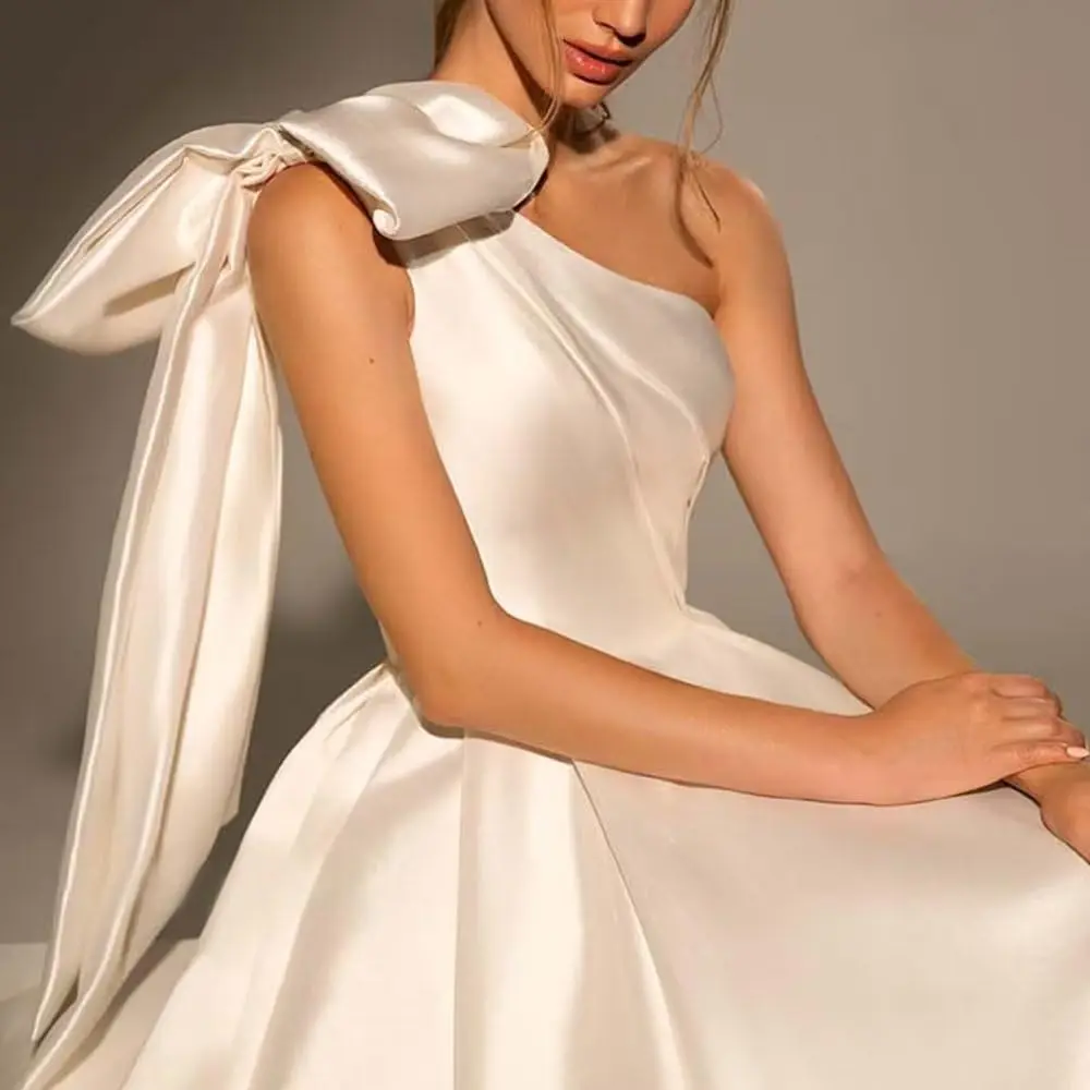 Satin Wedding Dress High-end Texture A-line Asymmetrical One Shoulder Trailing Dress for Party Birthday Bride Bridesmaid Beach P 1