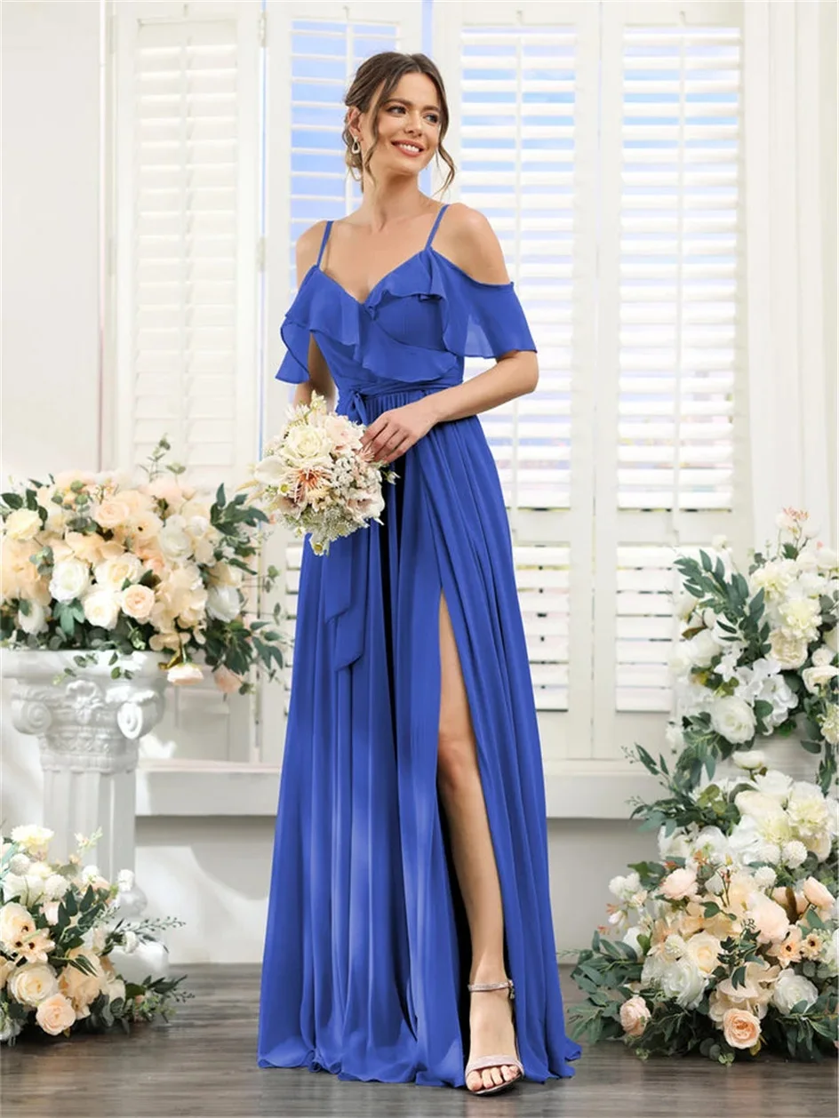 V-Neck Chiffon Wedding Bridesmaid Dress With Hanging Straps Off the Shoulder High Waist A-Line Prom Gown Formal Evening Dresses 1