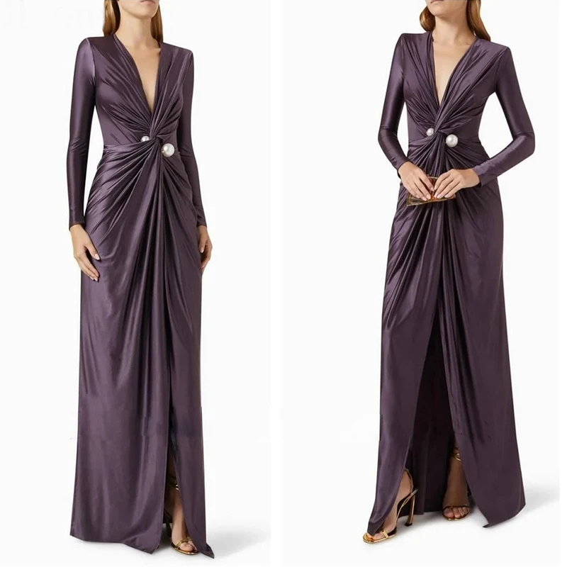 V-neck Long Sleeve High Split Floor-Length Dresses for Party Vacation Ball Cocktail Party Formal Evening Gowns 1