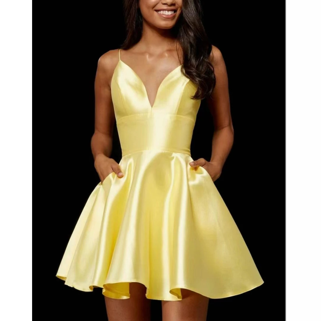 V Neck Spaghetti Straps Evening Dresses Short Yellow Satin A Line فستان المساء Вечернее платье Homecoming Dresses with Pockets 1