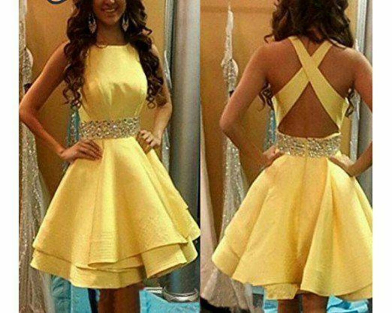 Yellow Satin Sleeveless Back Split Homecoming Dresses with Pockets Sexy Knee Length Birthday Graduation Beaded Party Prom Gown 1