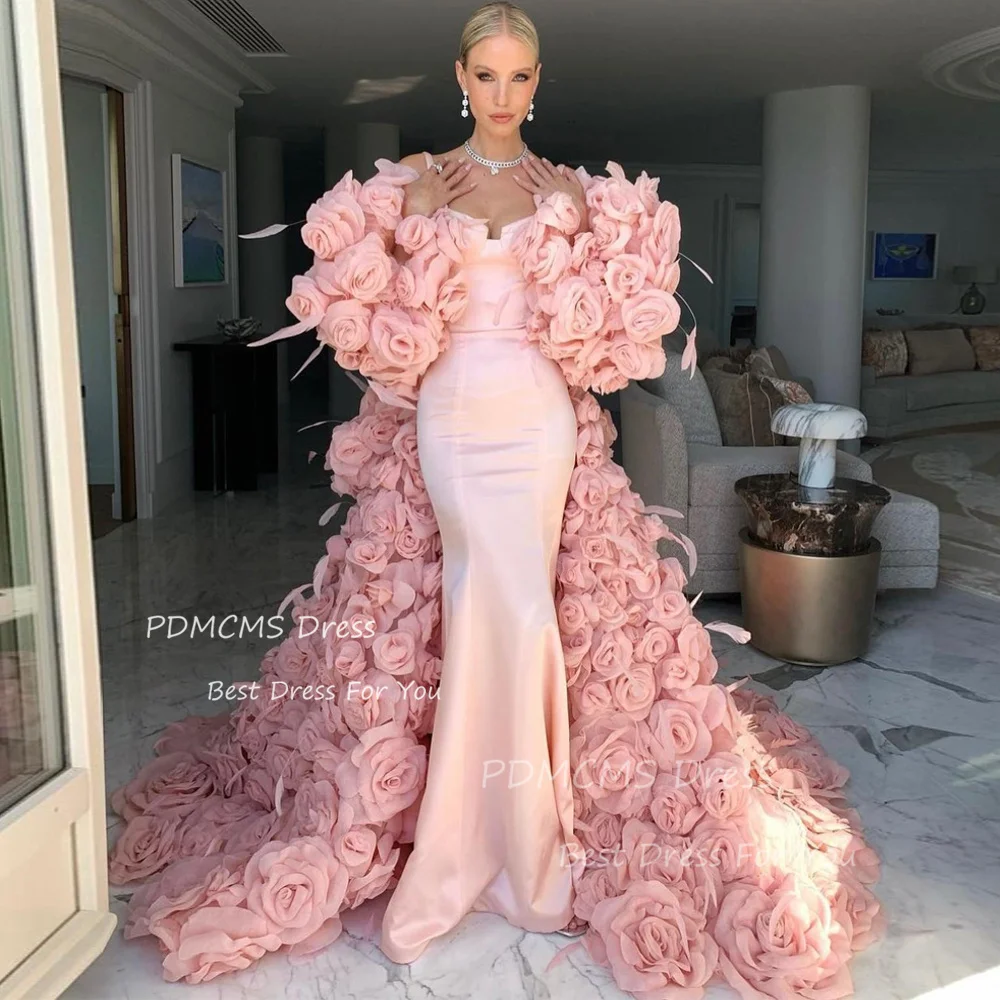 Luxury Rose Pink Formal Mermaid Celebrity Dresses For Women 3D Flower Skirt Sleeveless Special Evening Dress Jacket Party Gowns 1