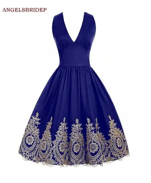 V-Neck Homecoming Dresses Vestidos de festa Fashion Gold Applique Satin Graduation Formal Party Gowns 1