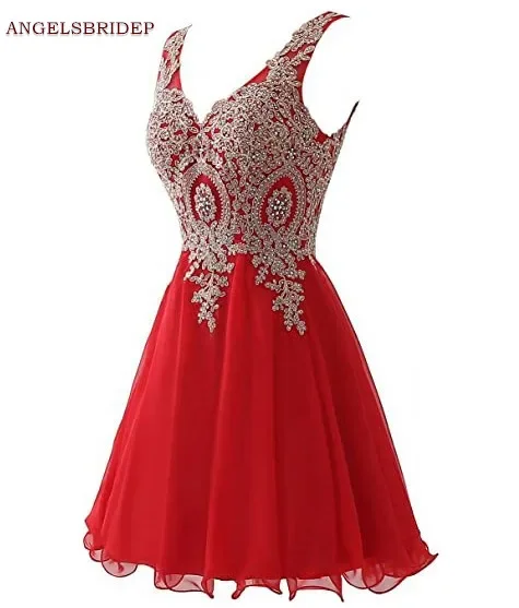 V-Neck Homecoming Dresses Fashion Crystal Applique Chiffon Cap Shoulder Short Graduation Formal Party Gowns 1