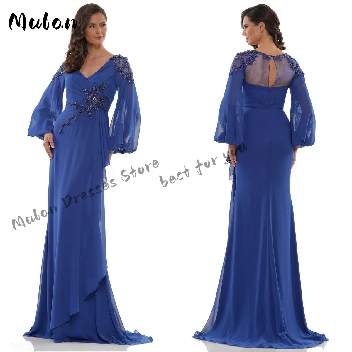 V-neck Chiffon Puff Long Sleeves Mother Of The Bride Dresses With Beaded Appliques Floor-length Elegant Prom Dresses Party Gowns 1