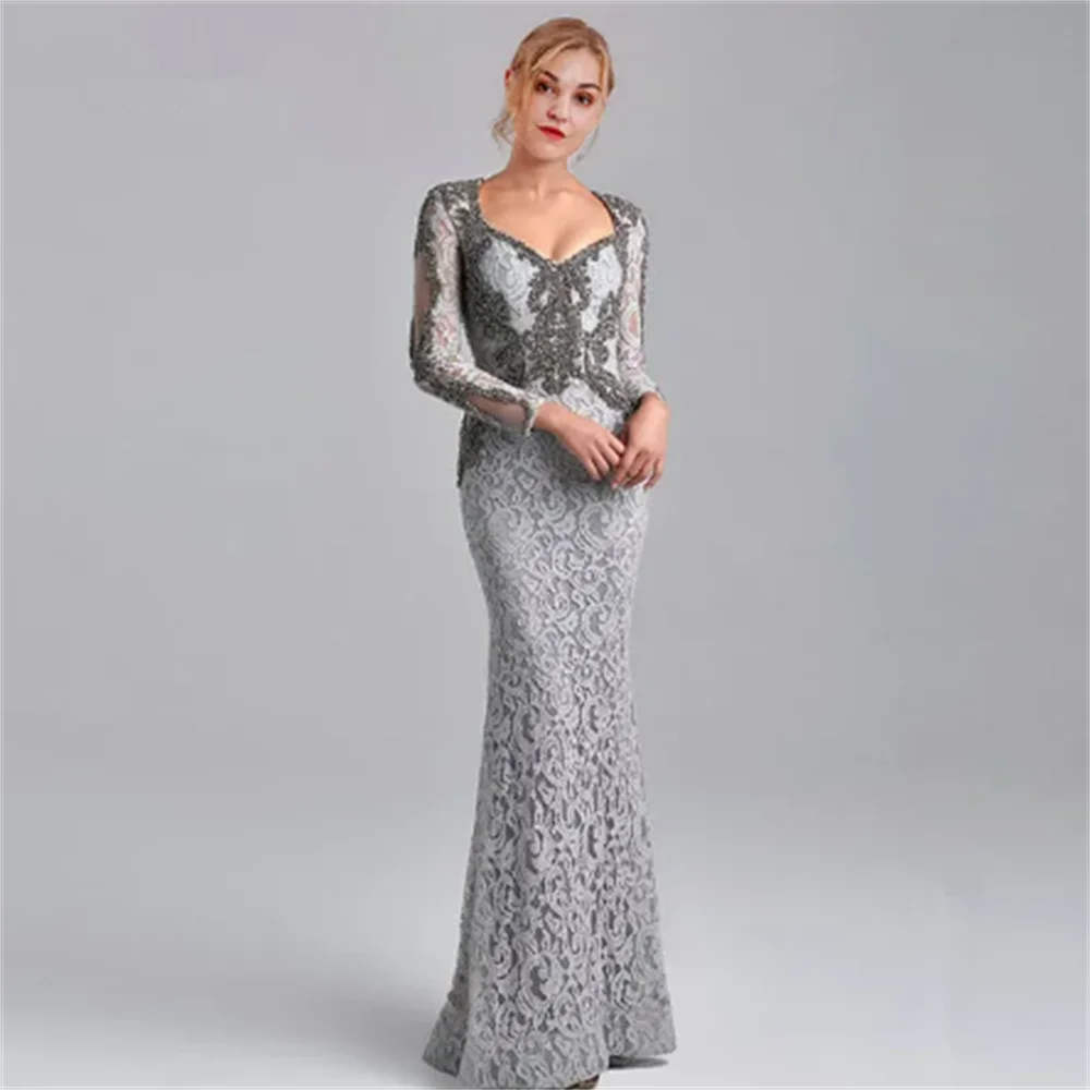 V-neck Long Sleeves Lace Mother Of The Bride Dresses Mermaid Beaded Plus Size Groom Long Mother Dresses For Wedding 1