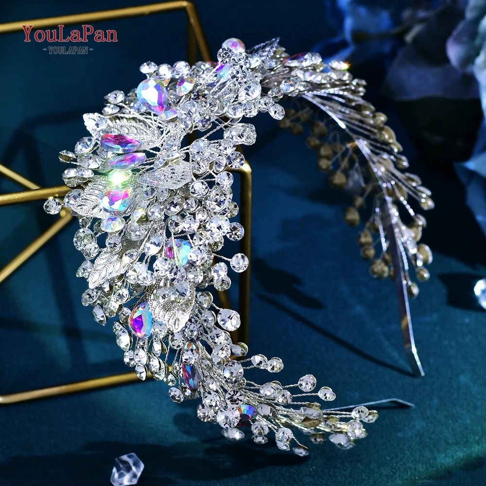 YouLaPan Sparkling Rhinestone Wedding Hair Hoops Colorful Gemstone Woman Party Headband Handmade Alloy Leaves Headwear HP633 1