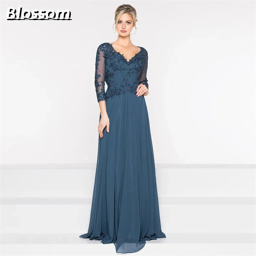 V-neck Long Sleeves Appliques Mother Of The Bride Dress Chiffon Floor-length Wedding Guest Dresses For Prom Party Gown 1