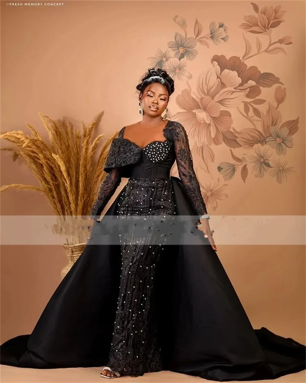 Luxury Aso Ebi Black Mermaid Evening Dresses 2024 With Overskirt For African  Women Long Sleeves Formal Beaded Prom Party Gowns, Beyondshoping
