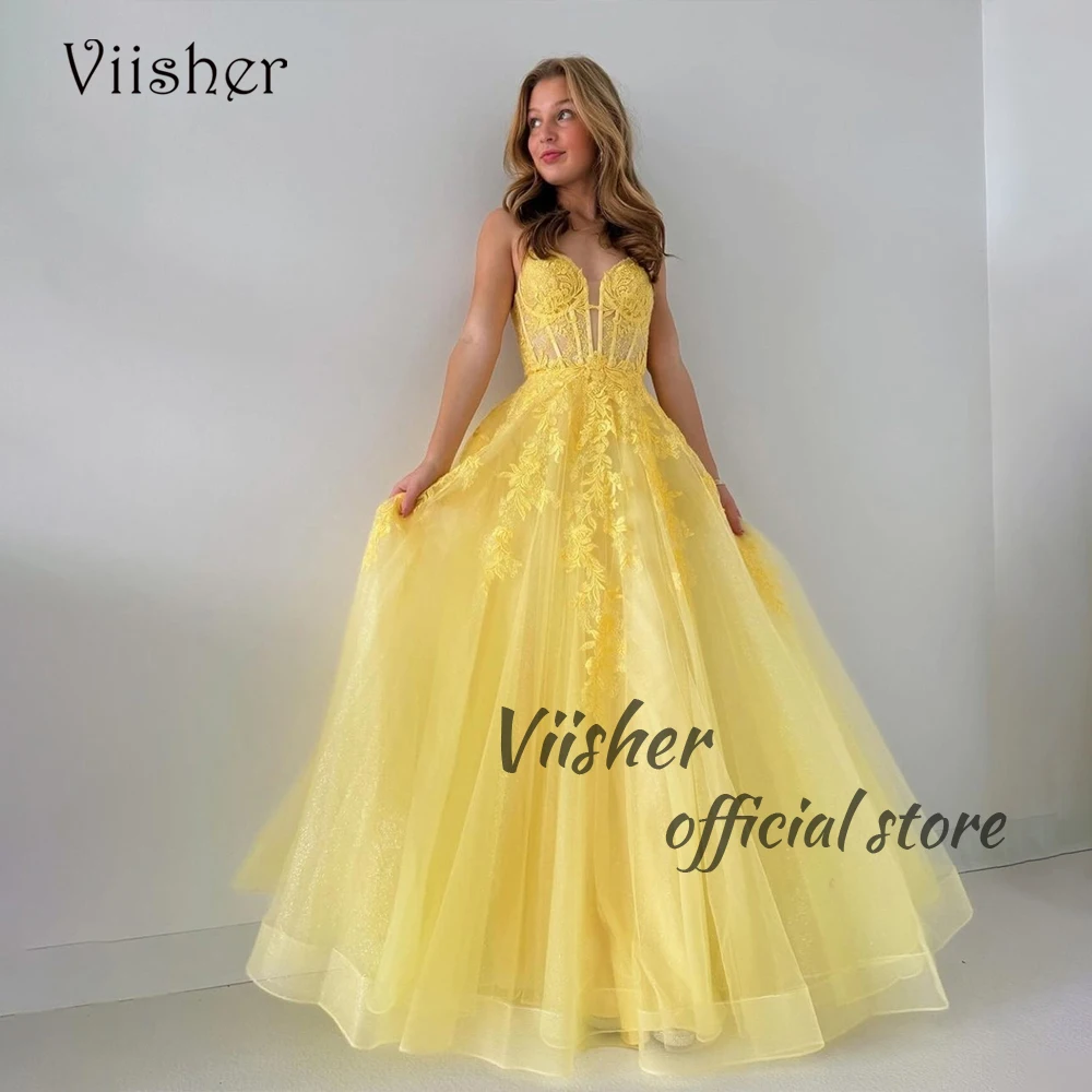 Yellow Tulle Fairy Prom Dresses Sweetheart Lace Appliques Corset A Line Evening Party Dress Floor Length Graduation Party Gown 1