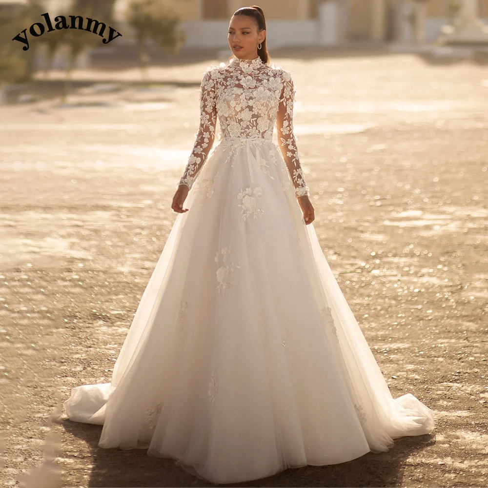 YOLANMY Classic High Neck Wedding Dresses for Women Long Sleeves 3D Appliques Button Tulle Chapel Train Vestidos De Novia 1