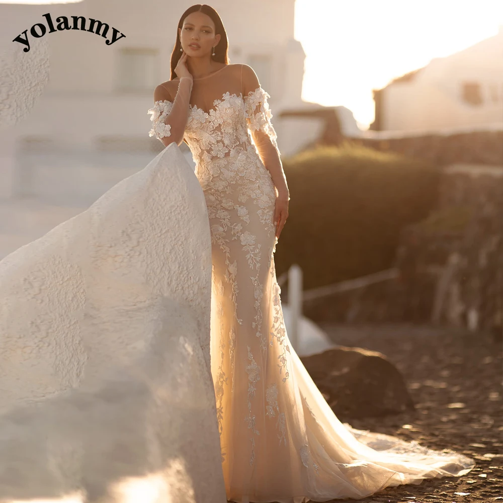 YOLANMY Charming Mermaid Wedding Gowns for Women O-neck Long Sleeves Button Chapel Train 3D Appliques Vestido De Casamento 1