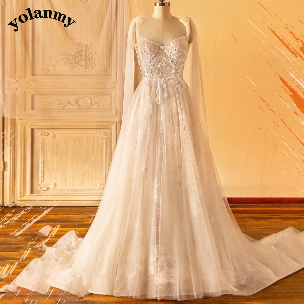 YOLANMY Elegant A-line Wedding Dresses for Women Bridal Bow Ribbon Tulle Lace Appliques V-neck Lace Up Sweep Train Drop Shipping 1