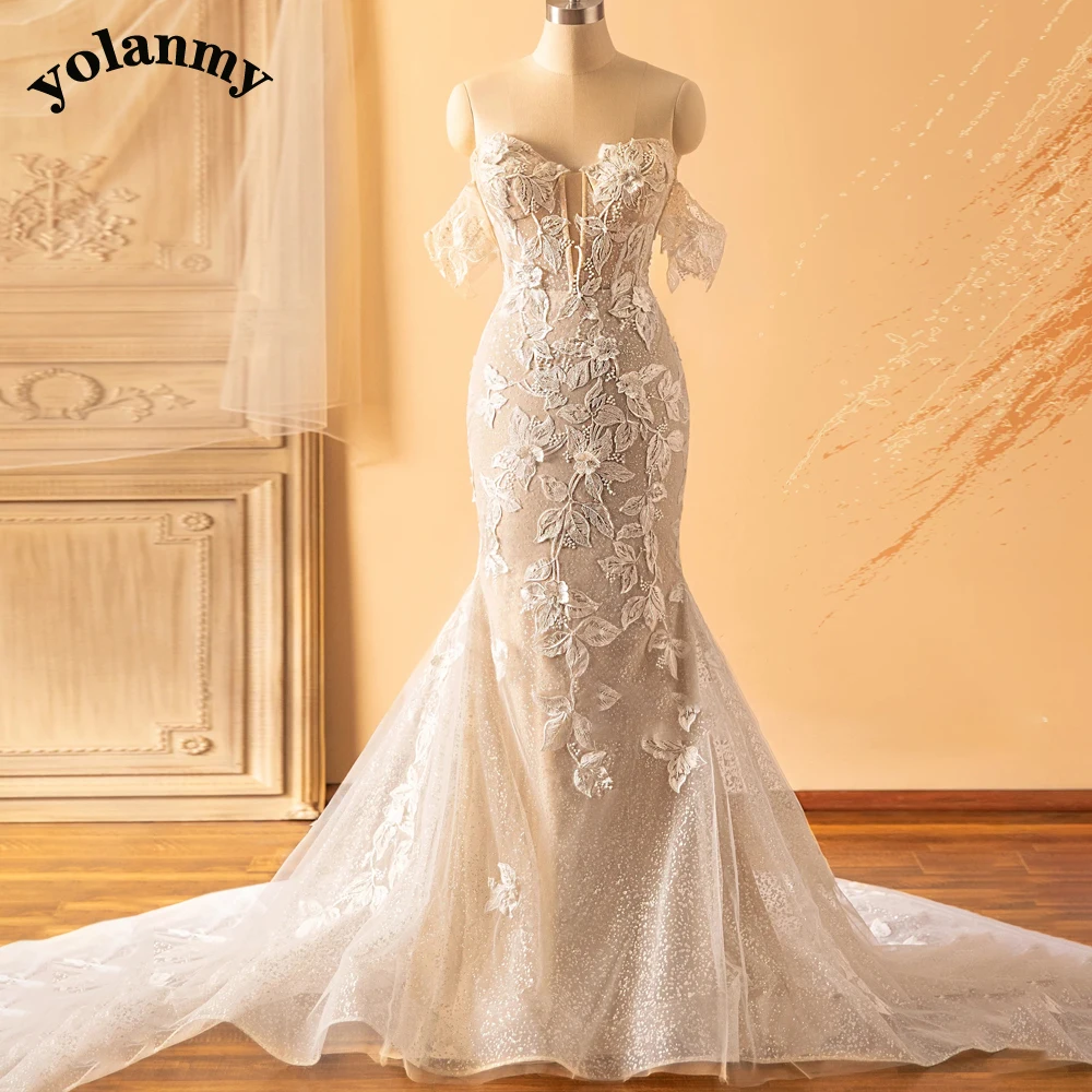 YOLANMY Attractive Trumpet Wedding Dresses for Women Lacing Up Off the Shoulder V-neck Lace Appliques Vestido De Casamento 1