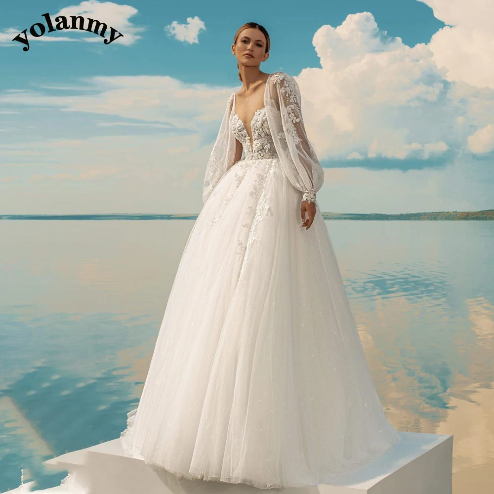 YOLANMY Fancy Tulle Wedding Dresses for Women Puff Sleeves Lace Appliques V Neck Zipper Vestido De Casamento Made to Order 1