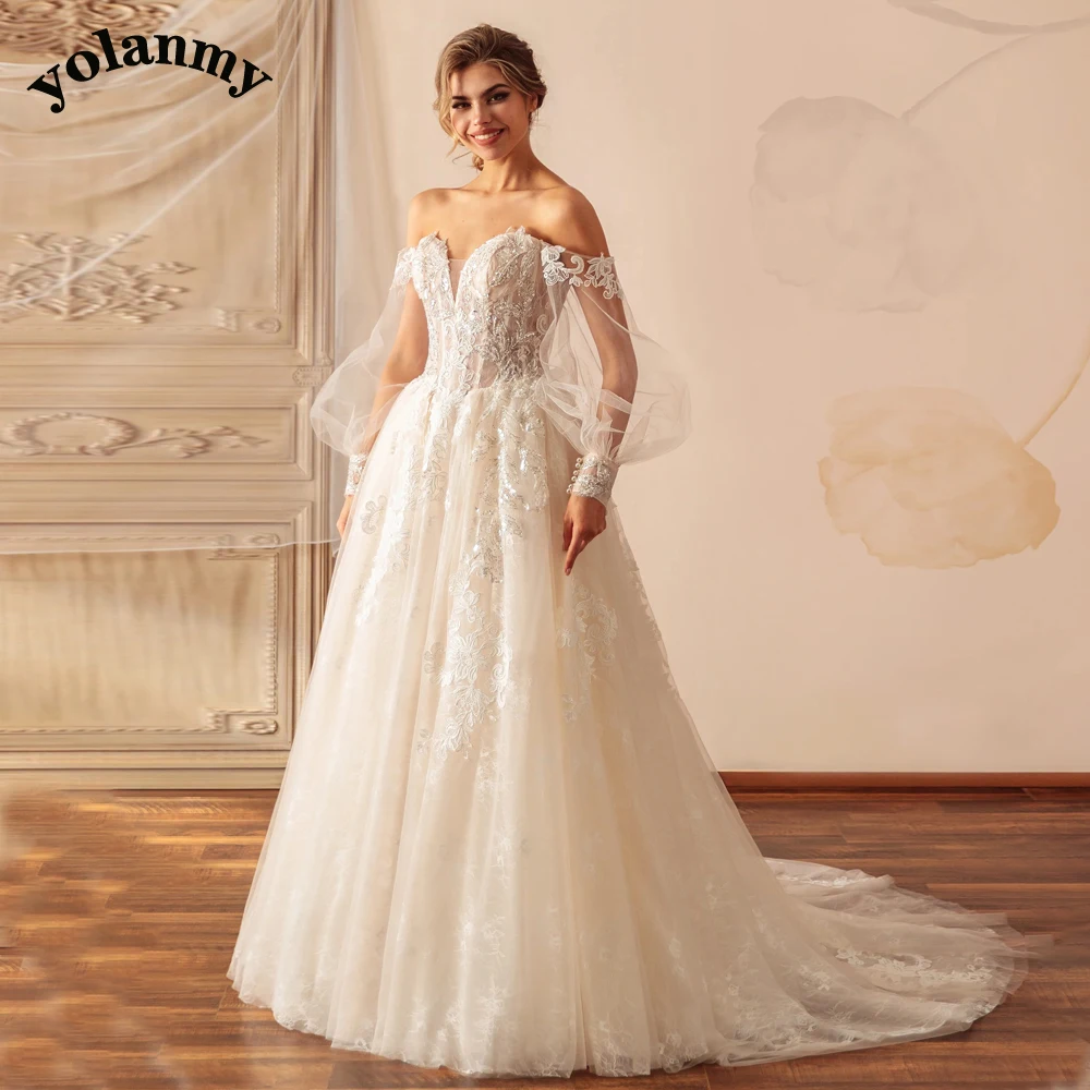 YOLANMY Modern Tulle Wedding Dresses for Bride Puff Sleeves V-neck Lace Appliques Lacing Up Chapel Train Vestidos De Novia 1