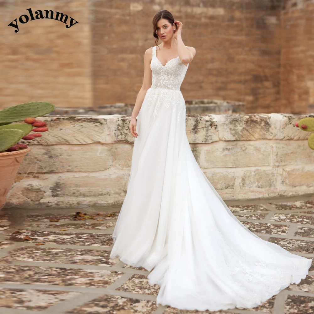 YOLANMY Vintage V-neck Wedding Dresses for Women Sleeveless Chapel Train Zipper Lace Appliques Tulle Vestido De Casamento 1