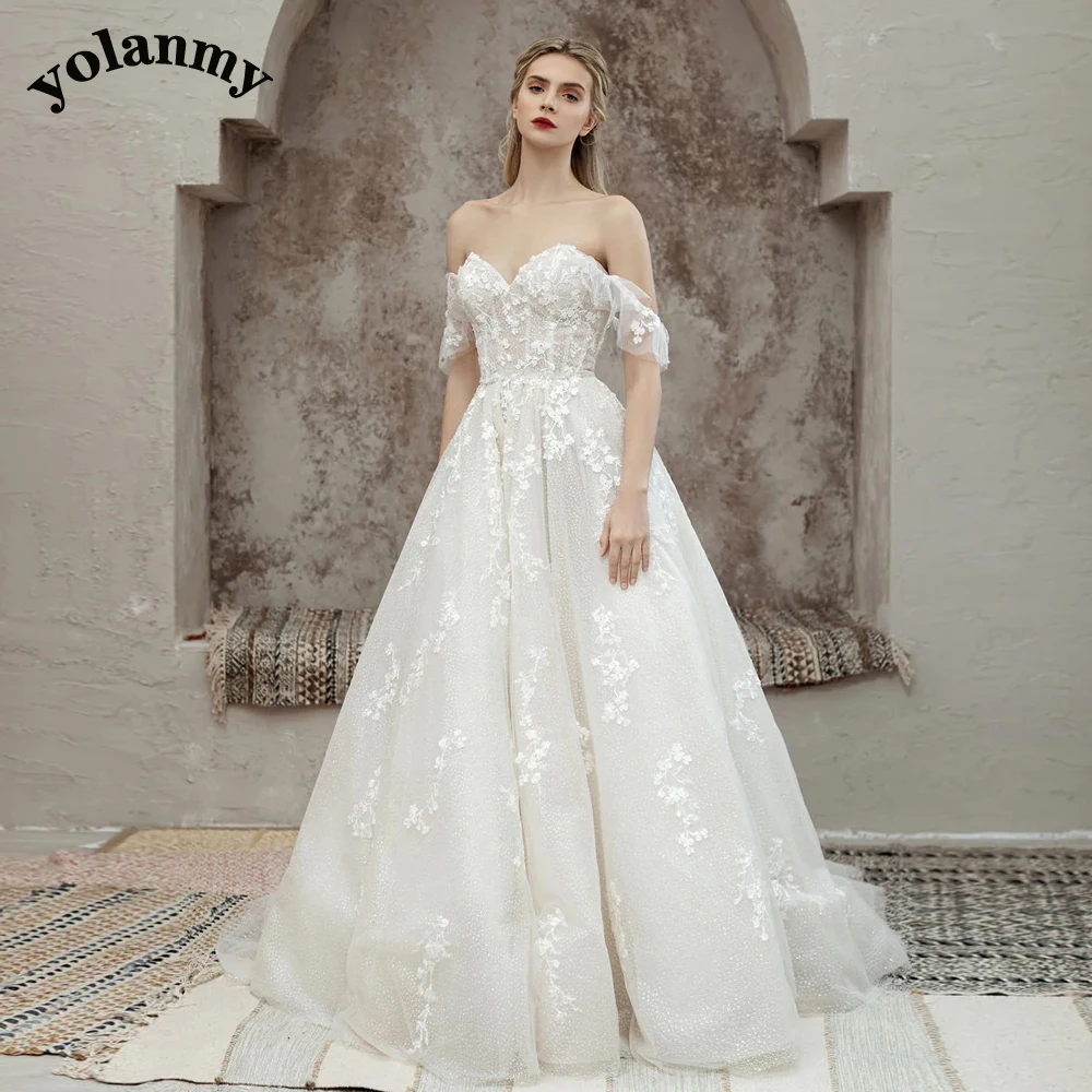 YOLANMY Trendy Tulle Wedding Dresses for Women Bridal Off the Shoulder Zipper Lace Appliques Sweetheart Sweep Train Customised 1