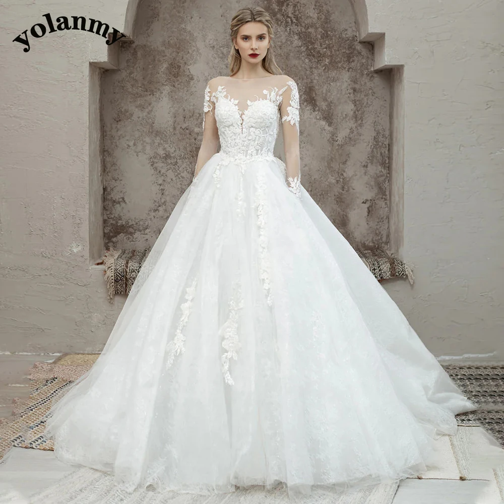 YOLANMY Classic A Line Wedding Dresses for Bride O Neck Lace Appliques Button Sweep Train Long Sleeves Vestidos De Novia 1