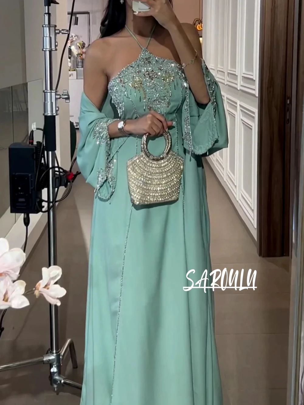 Two Pieces Haute Couture Evening Dress Party Caftan Halter A-line Prom Dresses Elegant Beaded Sequins Gown Vestido De Gala 1