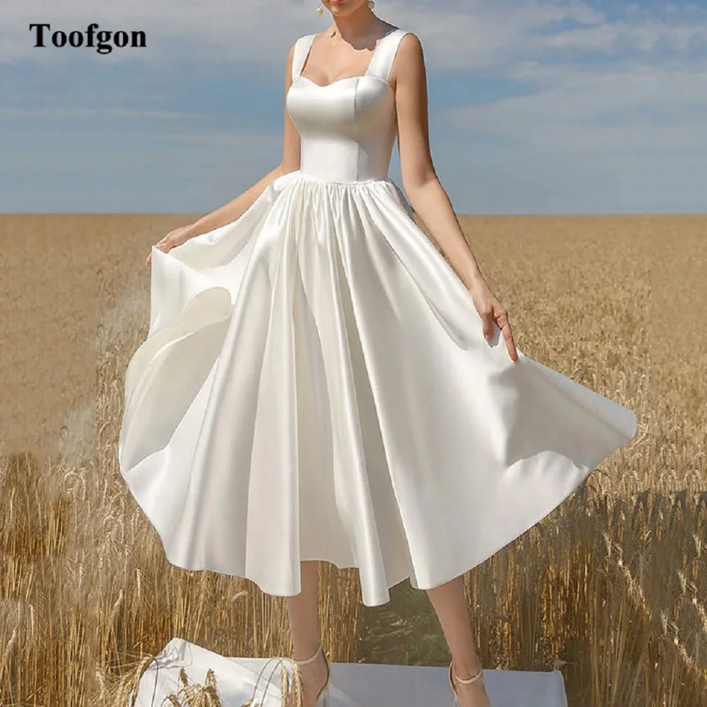 Toofgon Simple Satin Boho Short Wedding Dresses Princess Countryside Women Bridal Gowns Formal Occasion Prom Party Event Dress 1