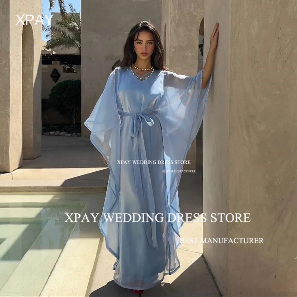 XPAY Sky Blue Chiffon A Line Evening Dresses Cape Sleeve Wedding Guest Formal Party Gown Backless Custom Special Occasion Dress 1