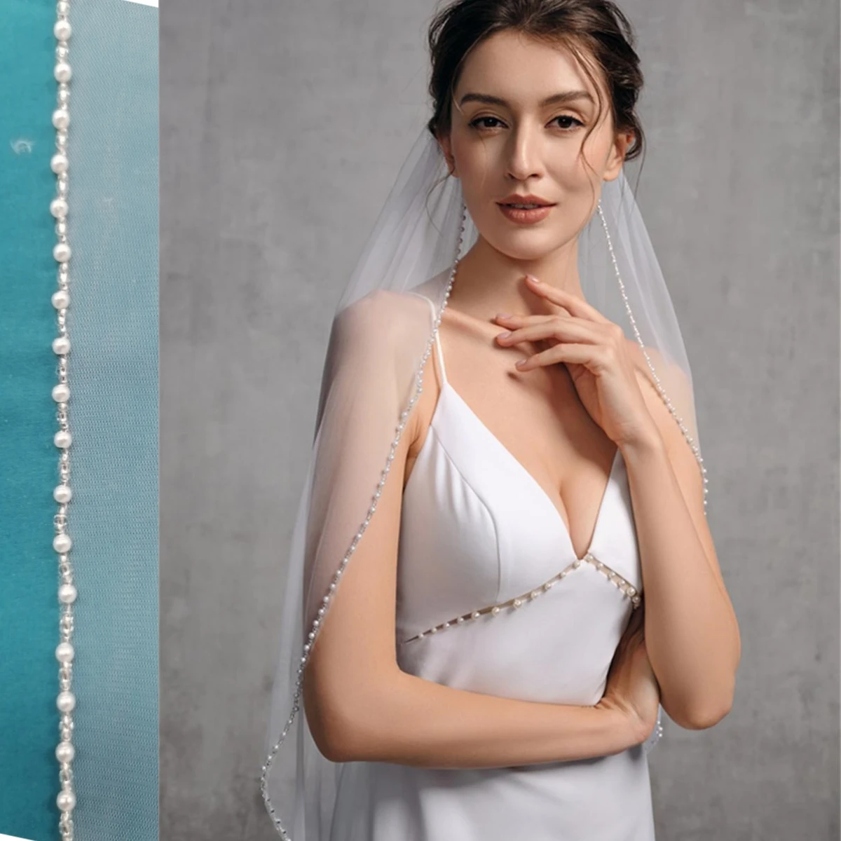 V197 Bead Edge Wedding Veil Rhinestone & Pearl Bridal Veils Beading & Petite Pearls 1 Tier Soft Wedding Dress Accessories 1