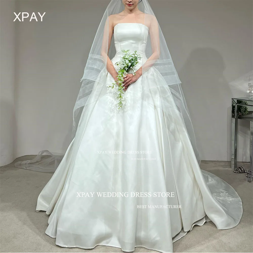 XPAY Vintage Strapless A Line Korea Wedding Dresses Pleat Sleeveless Lace Applique Wedding PhotoShoot Backless Vestidos de novia 1