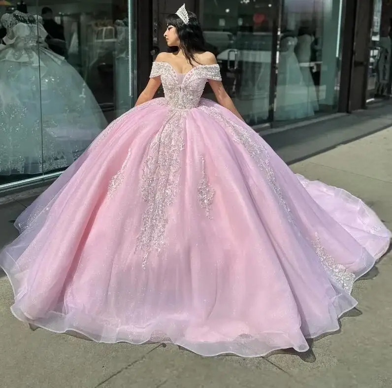 Pink Shiny Quinceanera Dress Off The Shoulder Mexican Vestidos De 15 Princess Sweet 16 Birthday XV Ball Gown Cinderella dress 1