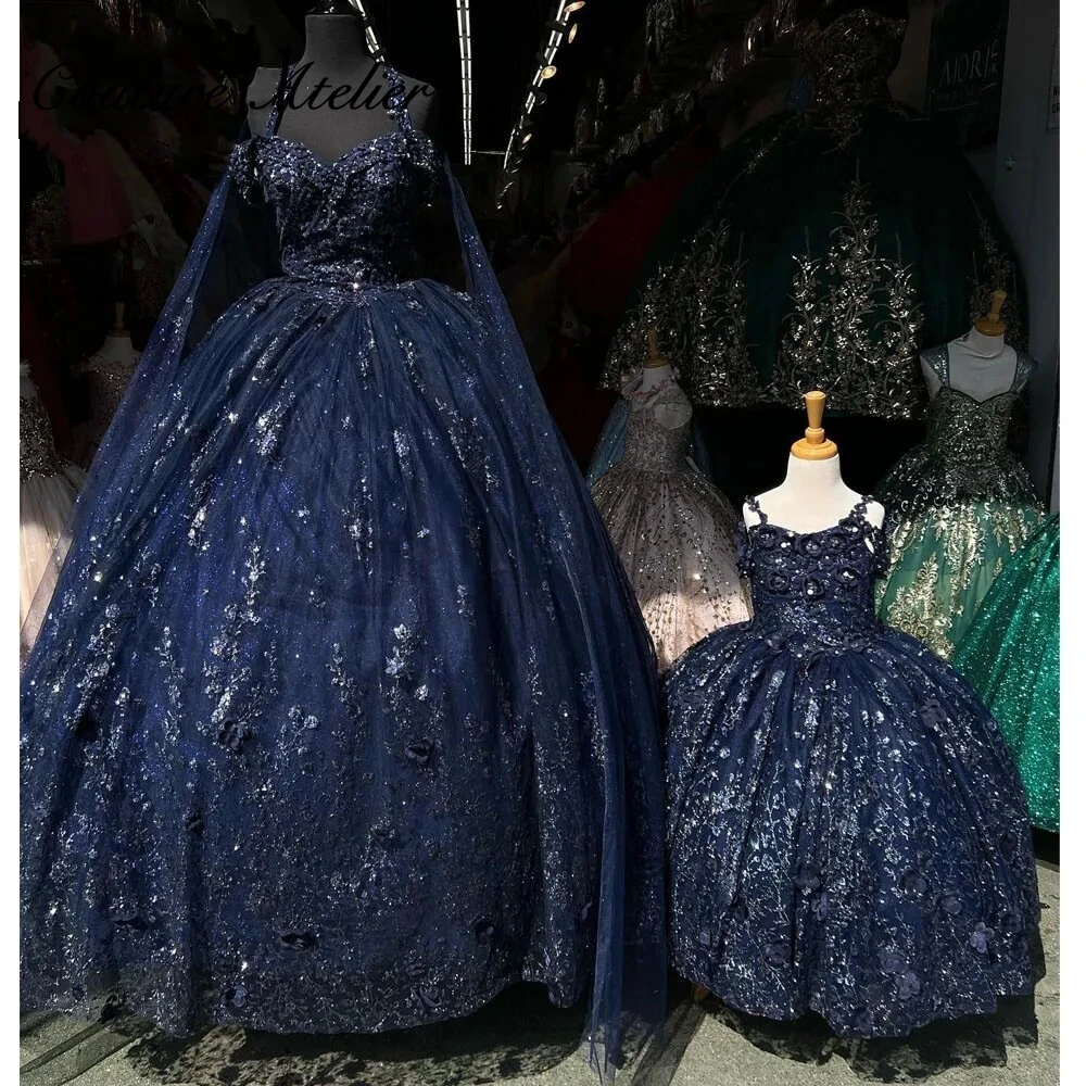 Vintage Shinny Applique Spaghetti Navy Quinceanera Dresses For Little Girl Ball Gown 2024 Sweetheart Sweet 16 Dresses Wedding 1