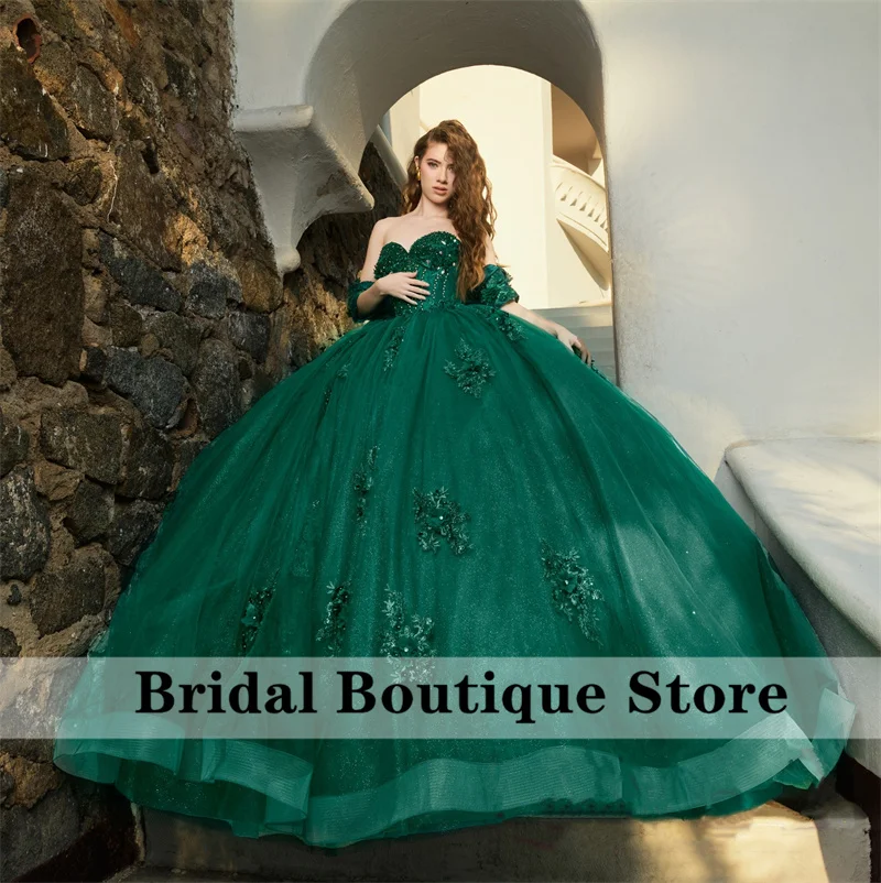 Glitter Emerald Green Princess Quinceanera Dresses Sweet 16 Dress Crystal Beads Flowers Appliques Party Gowns Vestido Ball Gown 1