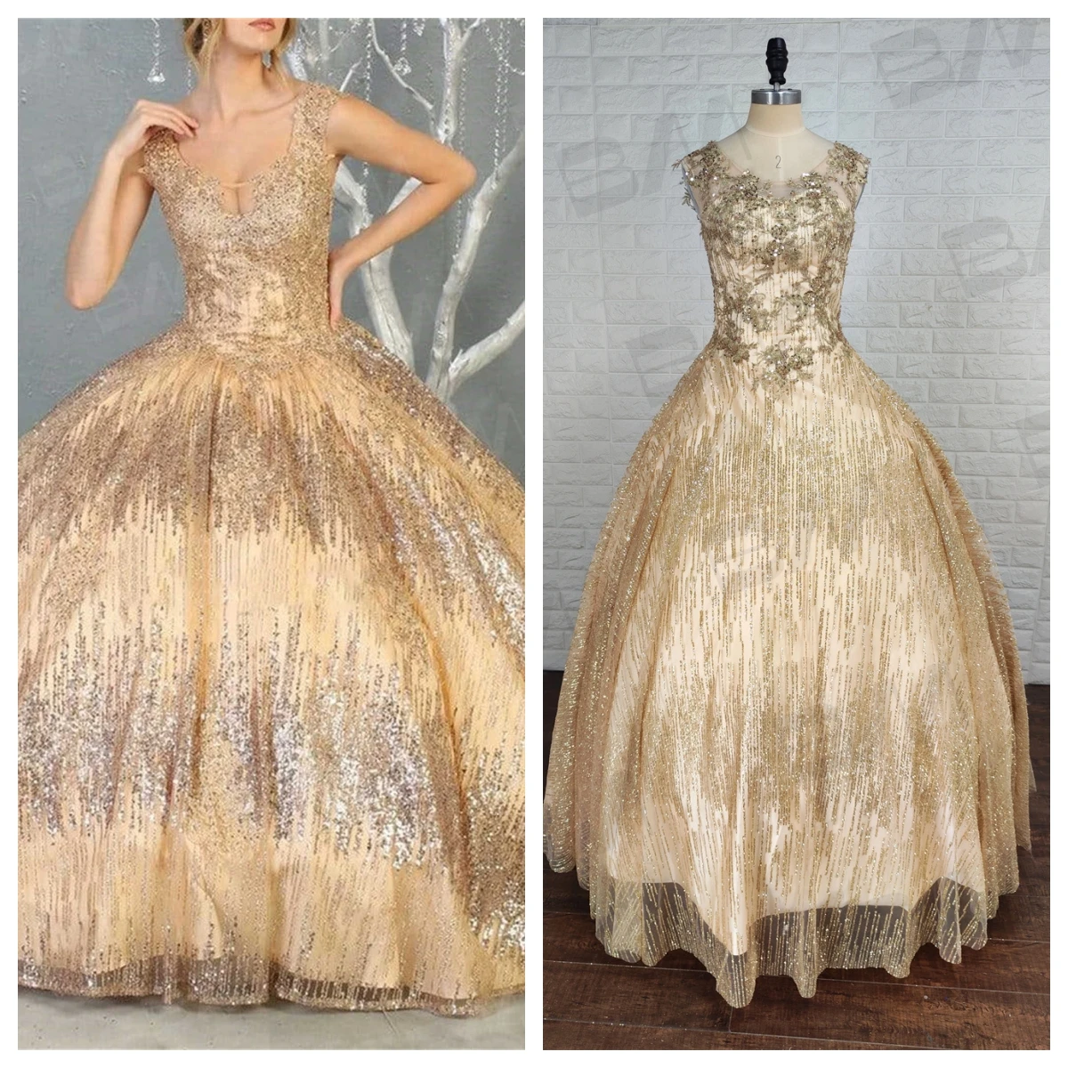 Shiny Gold O-neck Birthday Quinceanera Ball Gown Lace-Up Tie Prom Dress Beading Floor-length Evening Gown Custom Made 1