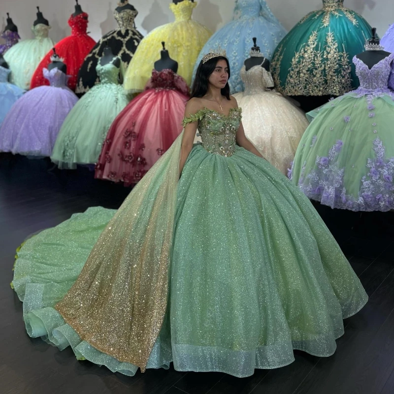 Princess Sage Green Puffy Quinceanera Dresses Applique Beads With Cape Corset Sweet 16 Dress Vestidos De 15 Anos 15th Birthday 1