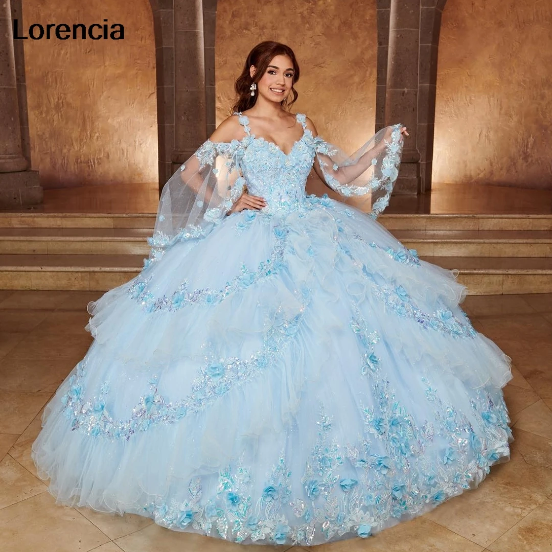 Lorencia Glitter Blue Quinceanera Dress Ball Gown Lace Applique Beaded With Cape Corset Sweet 16 Vestidos De 15 Años YQD833 1