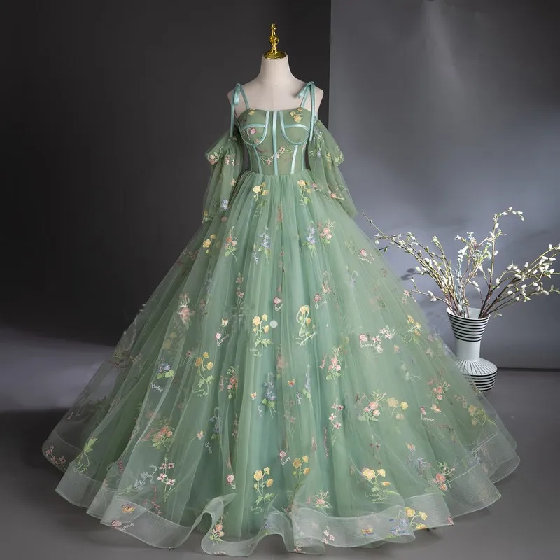 Spaghetti Strap Green Quinceanera Dresses 2024 Summer New Strapless High-end Elegant Green Floral Dress Ball Gown Party Dresses 1