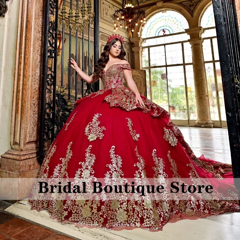 New 2024 Red Princess Quinceanera Dress Off Shoulder Glitter Beads Sequins Pearls Vestidos De 15 Anos Sweet 16 Prom Gown 1