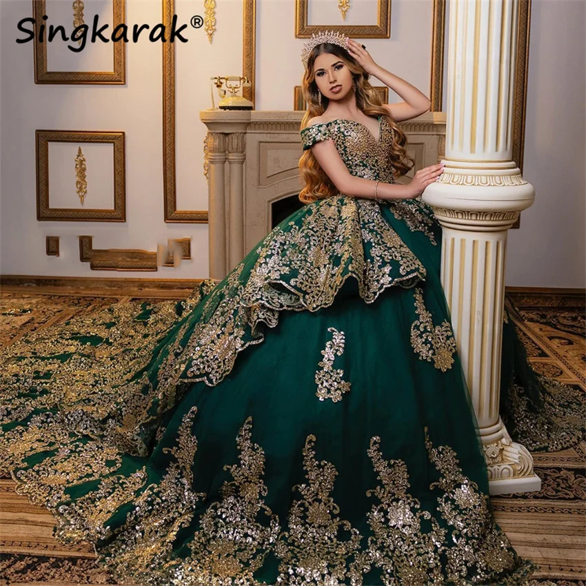 New 2024 Green Princess Quinceanera Dress Off Shoulder Glitter Beads Sequins Pearls Vestidos De 15 Anos Sweet 16 Prom Gown 1