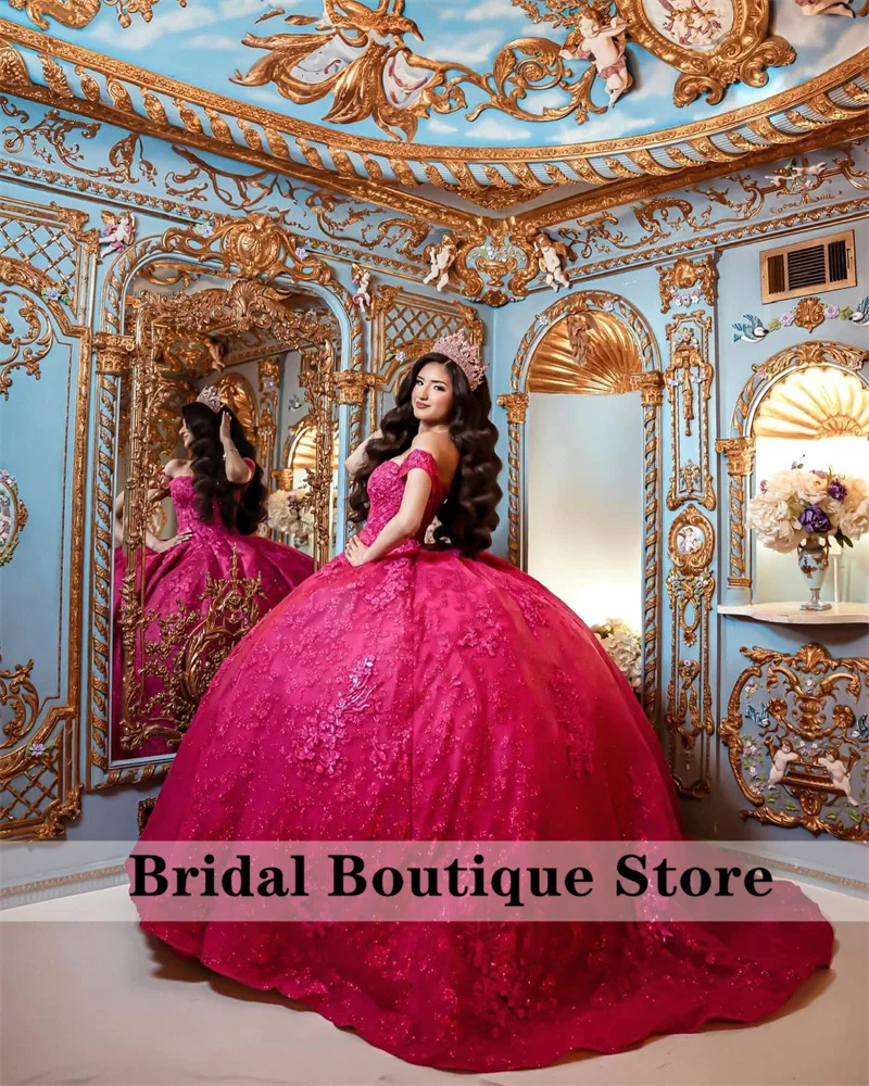 Fuchsia Princess Quinceanera Dresse 2024 Flowers Crystals Lace Appliques Mexican Girl Vestidos De 15 Años Ball Gown Lace-Up 1