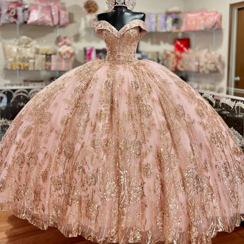 Pink Princess Purple Quinceanera Dresses Off the Shoulder Ball Gown 2024 Sweet 16 Dress Beads Gold Appliques Lace 15th Party Gow 1