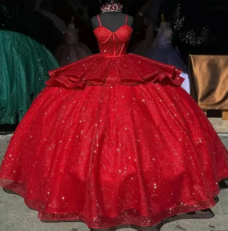 Red Shiny Quinceanera Dress Spaghetti Strap Princess Beads Crystal Tull Sweet Birthday Party Gown Vestido De 15 Anos 1