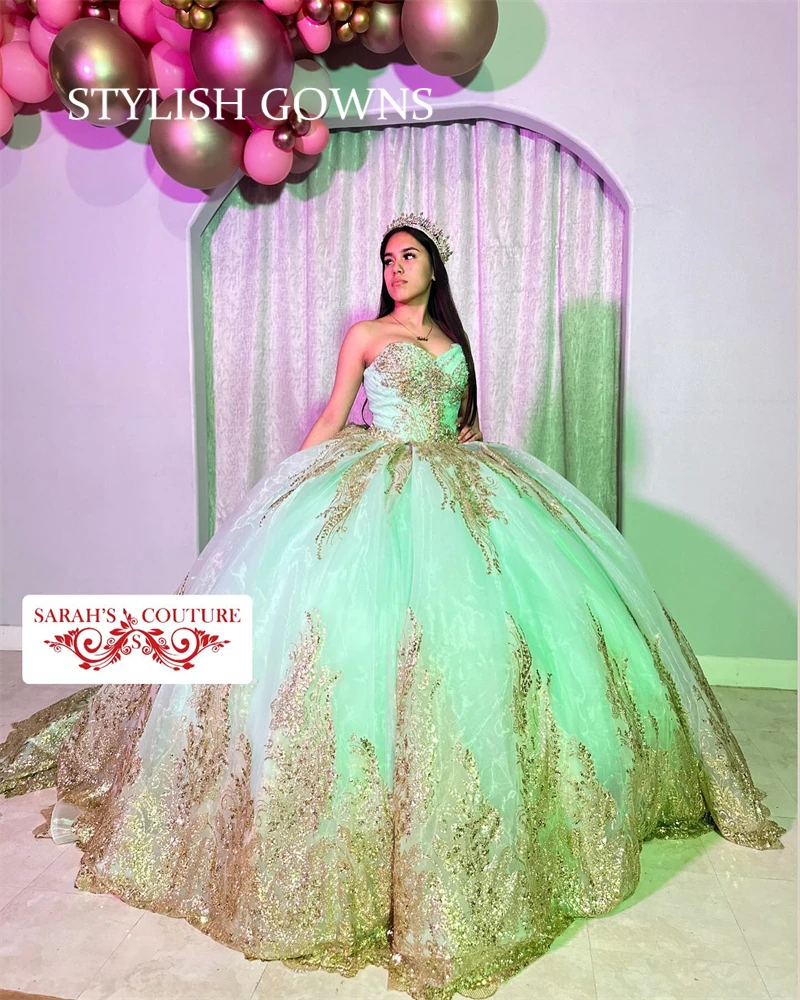 Mexico Champagne Sweetheart Quinceanera Dress Beaded Appliques Princess Ball Gown For Sweet 16 Birthday Party Robe De Bal 1